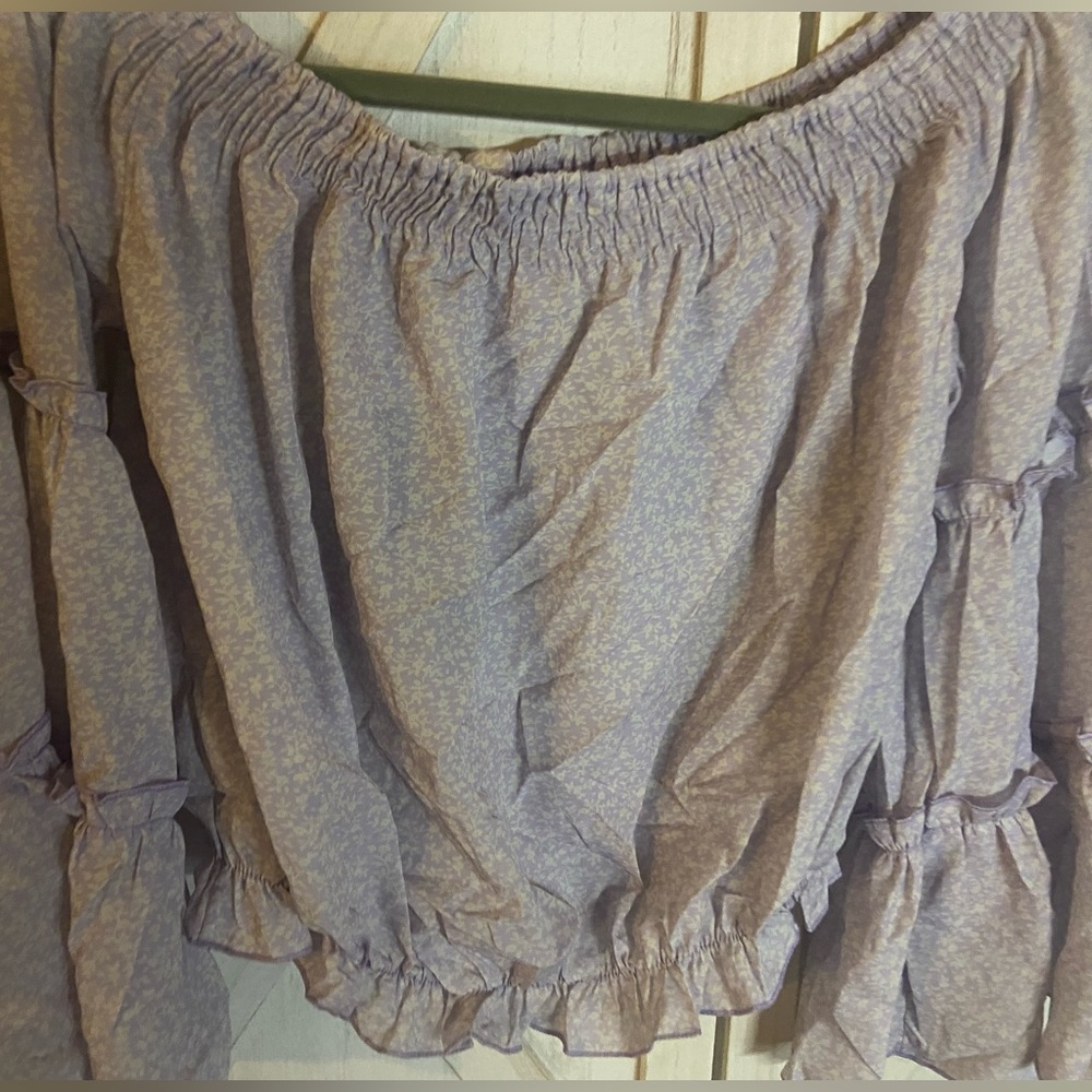 Women Purple Flower off the shoulder bell sleeve top_Large - Picture 11 of 12
